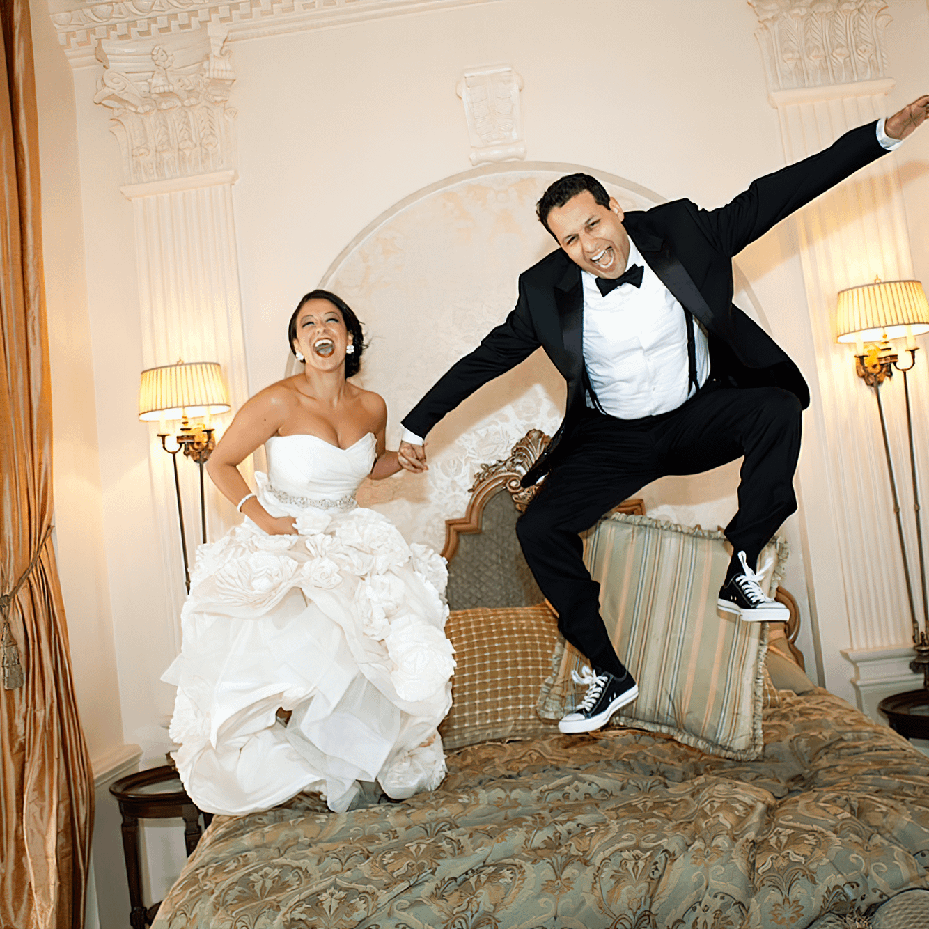 Bride-Groom-Bouncing-On-Bridal-Sweet-Bed Wedding photographer Norfolk - Wedding Couple Bouncing On The Bridal Sweet Bed